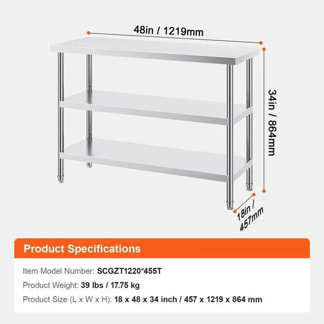 Alt view image 14 of 14 - VEVOR Stainless Steel Food Prep Table, 18 x 48 x 34 Inch Commercial Kitchen Worktable, with 2 Adjustable Undershelf, Heavy Duty Prep Table Metal Work Table for BBQ, Kitchen, Home, and Garage