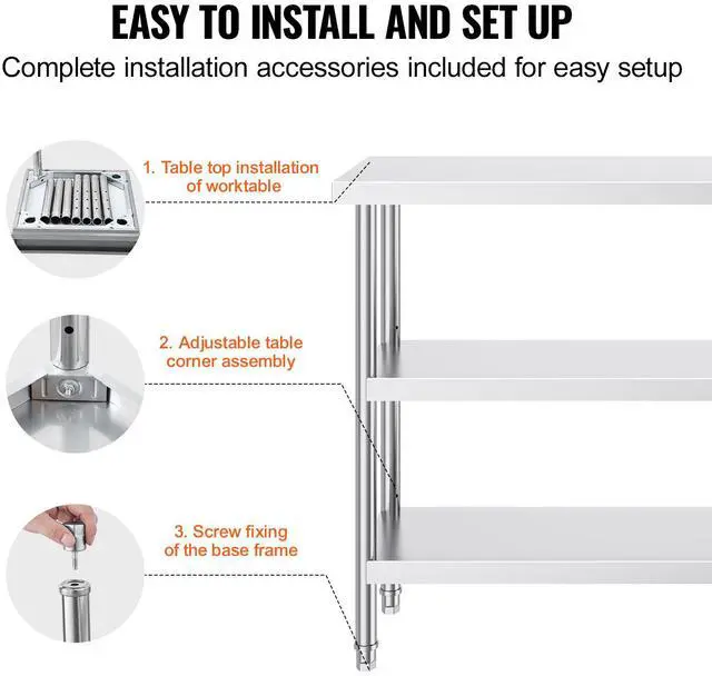 Alt view image 13 of 14 - VEVOR Stainless Steel Food Prep Table, 14 x 48 x 34 Inch Commercial Kitchen Worktable, with 2 Adjustable Undershelf, Heavy Duty Prep Table Metal Work Table for BBQ, Kitchen, Home, and Garage