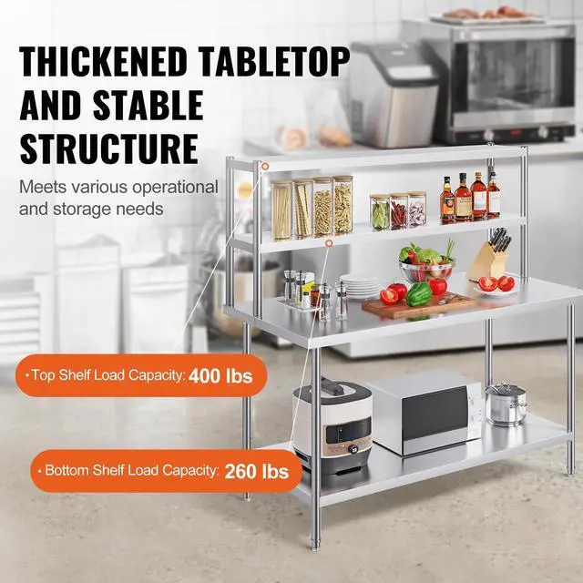 Alt view image 5 of 9 - VEVOR Double Overshelf, Double Tier Stainless Steel Overshelf, 12 x 60 Inch Double Deck Overshelf, Height Adjustable Overshelf Prep Work Table for Kitchen, Restaurant and Workshop