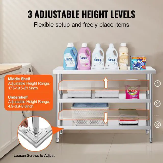 Alt view image 12 of 14 - VEVOR Stainless Steel Food Prep Table, 14 x 48 x 34 Inch Commercial Kitchen Worktable, with 2 Adjustable Undershelf, Heavy Duty Prep Table Metal Work Table for BBQ, Kitchen, Home, and Garage