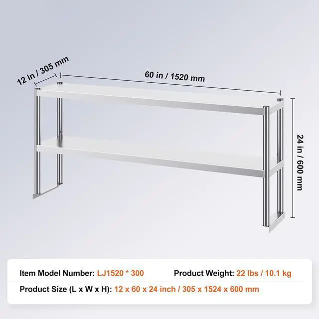 Alt view image 9 of 9 - VEVOR Double Overshelf, Double Tier Stainless Steel Overshelf, 12 x 60 Inch Double Deck Overshelf, Height Adjustable Overshelf Prep Work Table for Kitchen, Restaurant and Workshop