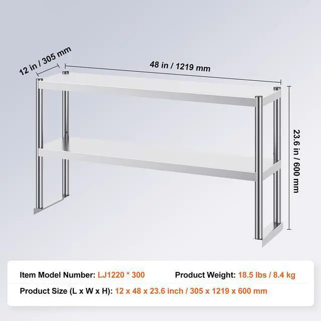 Alt view image 14 of 14 - VEVOR Double Overshelf, Double Tier Stainless Steel Overshelf, 12 x 48 Inch Double Deck Overshelf, Height Adjustable Overshelf Prep Work Table for Kitchen, Restaurant and Workshop