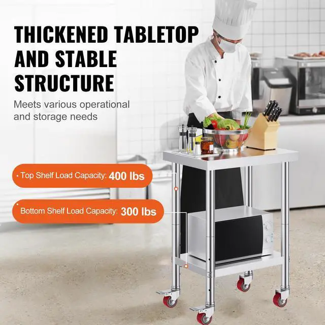 Alt view image 3 of 7 - Stainless Steel Work Table 24 x 18 x 34 Inch, 700 LBS Load Capacity with 4 Wheels, 3 Adjustable Height Levels, Heavy Duty Food Prep Worktable for Commercial Kitchen Restaurant, Silver
