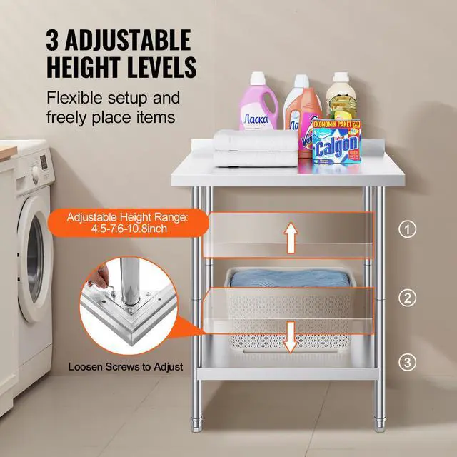 Alt view image 6 of 8 - VEVOR 24 x 30 x 36 Inch Stainless Steel Work Table, Commercial Food Prep Worktable Heavy Duty Prep Worktable, Metal Work Table with Adjustable Height for Restaurant, Home and Hotel