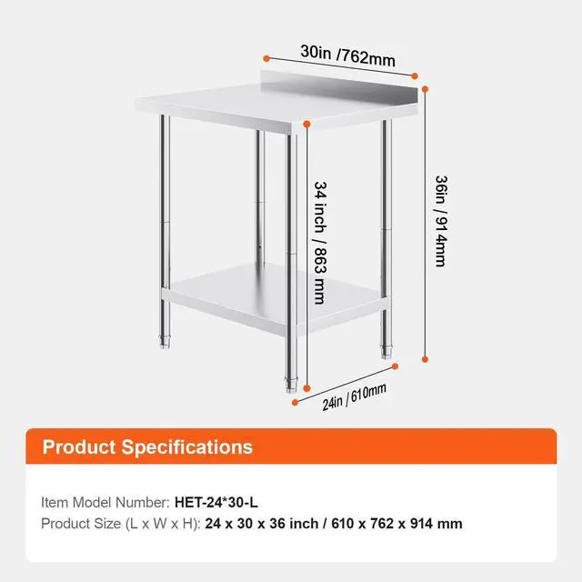 Alt view image 8 of 8 - VEVOR 24 x 30 x 36 Inch Stainless Steel Work Table, Commercial Food Prep Worktable Heavy Duty Prep Worktable, Metal Work Table with Adjustable Height for Restaurant, Home and Hotel