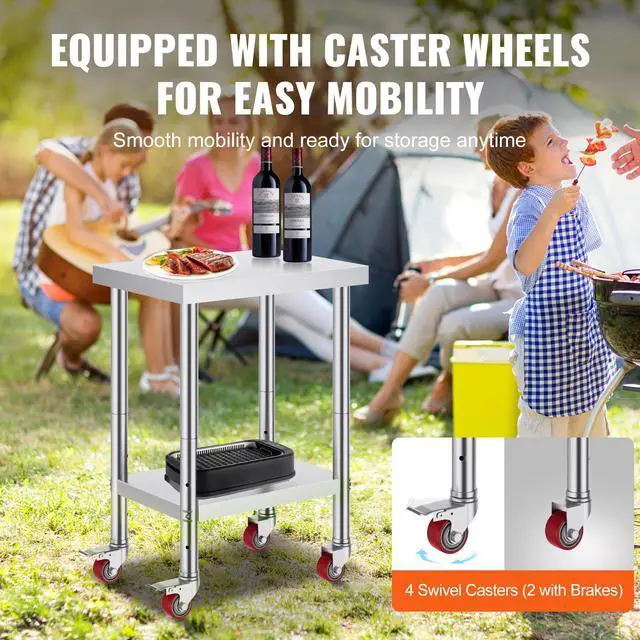 Alt view image 4 of 7 - Stainless Steel Work Table 24 x 18 x 34 Inch, 700 LBS Load Capacity with 4 Wheels, 3 Adjustable Height Levels, Heavy Duty Food Prep Worktable for Commercial Kitchen Restaurant, Silver