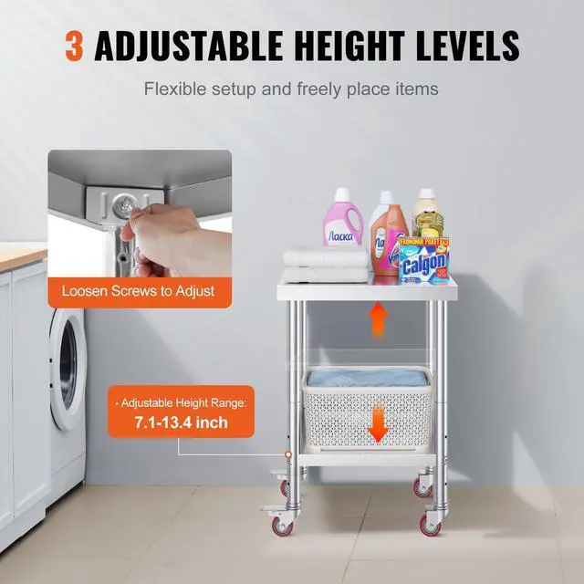 Alt view image 5 of 7 - Stainless Steel Work Table 24 x 18 x 34 Inch, 700 LBS Load Capacity with 4 Wheels, 3 Adjustable Height Levels, Heavy Duty Food Prep Worktable for Commercial Kitchen Restaurant, Silver