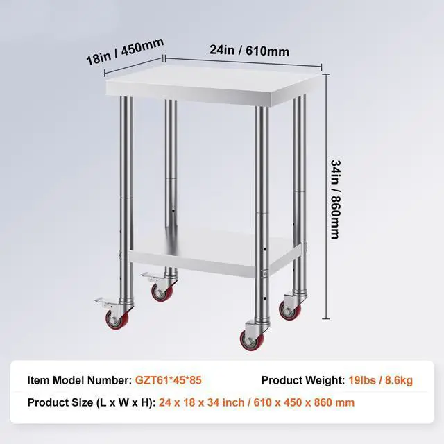Alt view image 7 of 7 - Stainless Steel Work Table 24 x 18 x 34 Inch, 700 LBS Load Capacity with 4 Wheels, 3 Adjustable Height Levels, Heavy Duty Food Prep Worktable for Commercial Kitchen Restaurant, Silver