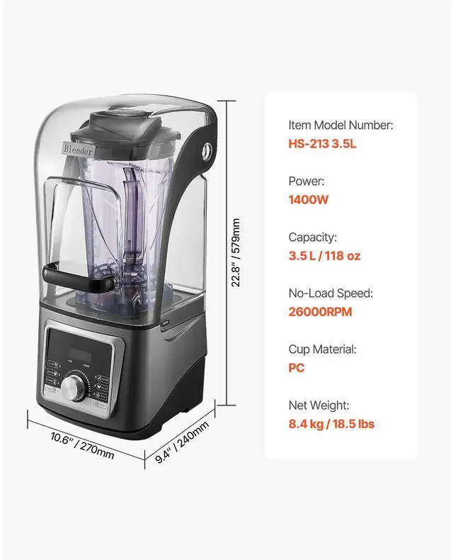 Alt view image 7 of 7 - Blender for Smoothies, 135 oz 1400W, Professional Blender with Powerful Motor, Multi-Functional Food Processing Blender with Noise Cover for Smoothie/Milkshake/Juice, Fits for Kitchen
