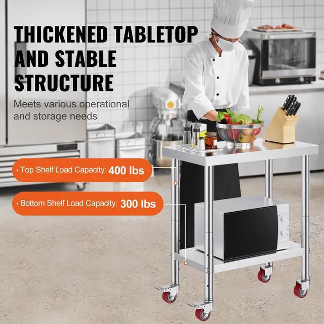 Alt view image 3 of 7 - Stainless Steel Work Table 30 x 18 x 34 Inch, 700 LBS Load Capacity with 4 Wheels, 3 Adjustable Height Levels, Heavy Duty Food Prep Worktable for Commercial Kitchen Restaurant, Silver