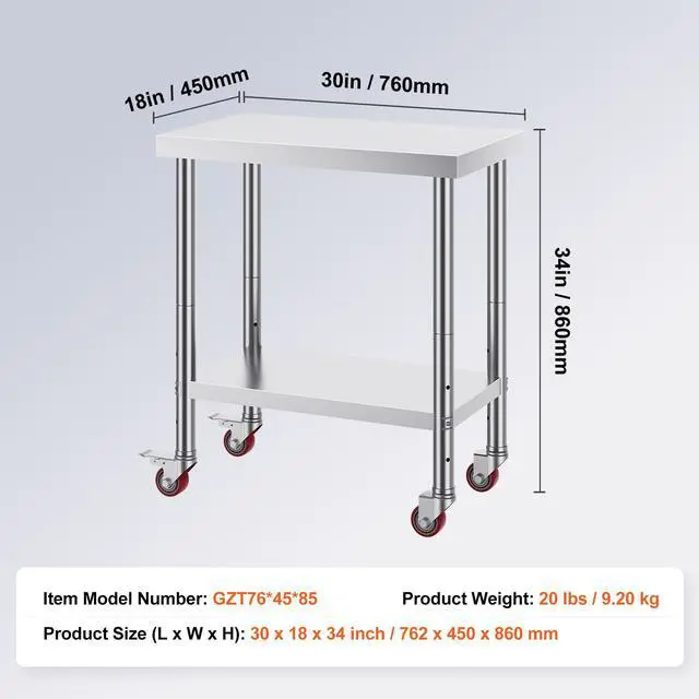 Alt view image 7 of 7 - Stainless Steel Work Table 30 x 18 x 34 Inch, 700 LBS Load Capacity with 4 Wheels, 3 Adjustable Height Levels, Heavy Duty Food Prep Worktable for Commercial Kitchen Restaurant, Silver