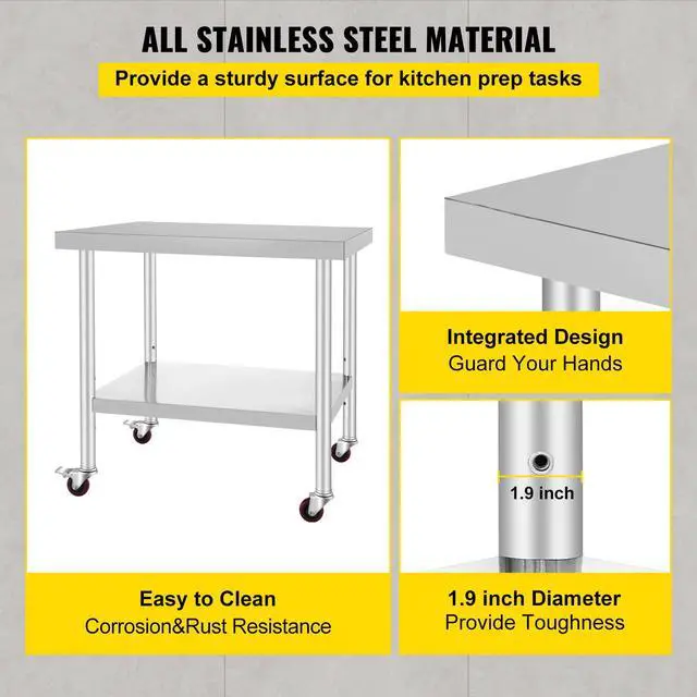 Alt view image 3 of 7 - Stainless Steel Work Table 36 x 30 x 34 Inch, 700 LBS Load Capacity with 4 Wheels, 3 Adjustable Height Levels, Heavy Duty Food Prep Worktable for Commercial Kitchen Restaurant, Silver