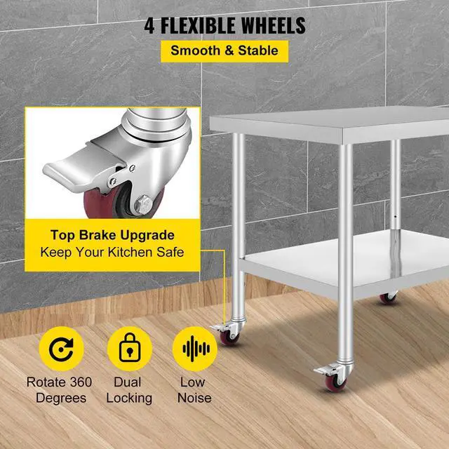 Alt view image 5 of 7 - Stainless Steel Work Table 36 x 30 x 34 Inch, 700 LBS Load Capacity with 4 Wheels, 3 Adjustable Height Levels, Heavy Duty Food Prep Worktable for Commercial Kitchen Restaurant, Silver
