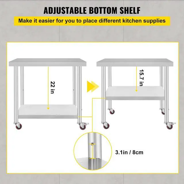 Alt view image 6 of 7 - Stainless Steel Work Table 36 x 30 x 34 Inch, 700 LBS Load Capacity with 4 Wheels, 3 Adjustable Height Levels, Heavy Duty Food Prep Worktable for Commercial Kitchen Restaurant, Silver