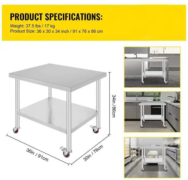 Alt view image 7 of 7 - Stainless Steel Work Table 36 x 30 x 34 Inch, 700 LBS Load Capacity with 4 Wheels, 3 Adjustable Height Levels, Heavy Duty Food Prep Worktable for Commercial Kitchen Restaurant, Silver