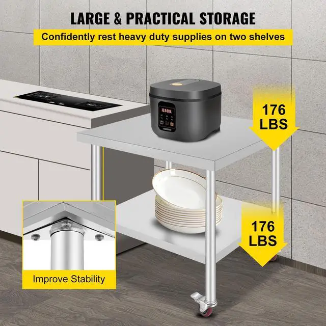 Alt view image 4 of 7 - Stainless Steel Work Table 36 x 30 x 34 Inch, 700 LBS Load Capacity with 4 Wheels, 3 Adjustable Height Levels, Heavy Duty Food Prep Worktable for Commercial Kitchen Restaurant, Silver