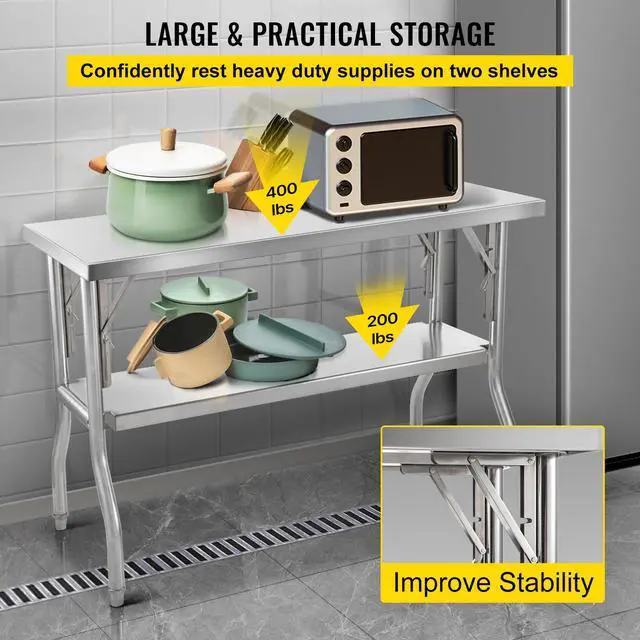 Alt view image 5 of 8 - VEVOR Folding Commercial Prep Table, 48 x 24 Inch Commercial Worktable Workstation with Undershelf, Heavy-duty Stainless Steel Folding Table with 300 lbs Load, for Home Kitchen Restaurant Garage