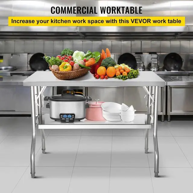 Alt view image 3 of 8 - VEVOR Folding Commercial Prep Table, 48 x 24 Inch Commercial Worktable Workstation with Undershelf, Heavy-duty Stainless Steel Folding Table with 300 lbs Load, for Home Kitchen Restaurant Garage