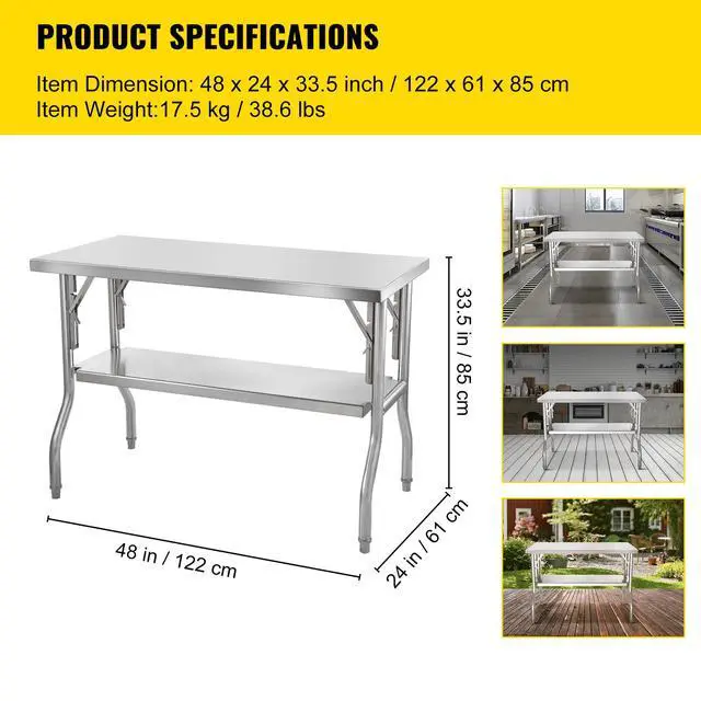 Alt view image 8 of 8 - VEVOR Folding Commercial Prep Table, 48 x 24 Inch Commercial Worktable Workstation with Undershelf, Heavy-duty Stainless Steel Folding Table with 300 lbs Load, for Home Kitchen Restaurant Garage
