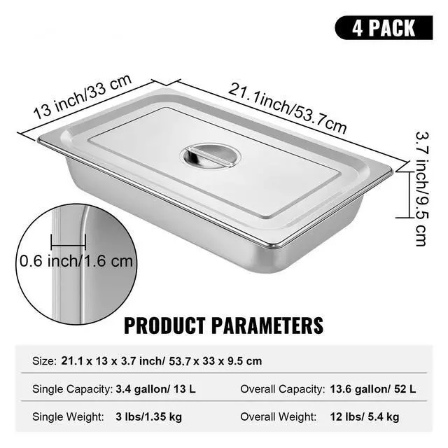 Alt view image 7 of 7 - 4 Pack Steam Table Pans 20.9 x 12.8 x 3.9 Inch Deep Steam Table Pan Full Size 13L Deep Food Container Stainless Steel Oven Tray Hotel Pans Anti-Jam Steam Table Food Pan