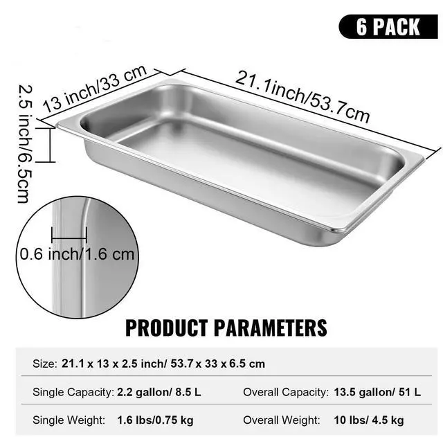 Alt view image 7 of 7 - 6 Pack Steam Table Pans 20.9 x 12.8 x 2.6 Inch Deep Steam Table Pan Full Size 8.5L Deep Food Container Stainless Steel Oven Tray Hotel Pans Anti-Jam Steam Table Food Pan
