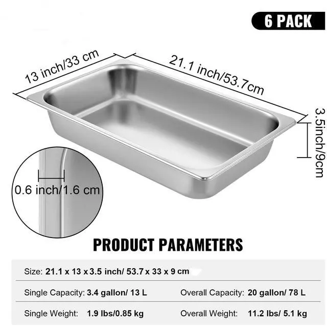 Alt view image 7 of 7 - 6 Pack Steam Table Pans 20.9 x 12.8 x 3.9 Inch Deep Steam Table Pan Full Size 13L Deep Food Container Stainless Steel Oven Tray Hotel Pans Anti-Jam Steam Table Food Pan