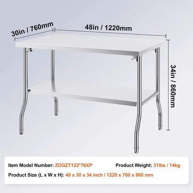 Alt view image 7 of 7 - Folding Commercial Prep Table, 48 x 30 Inch Commercial Worktable Workstation with Undershelf, Heavy-duty Stainless Steel Folding Table with 300 lbs Load, for Home Kitchen Restaurant Garage