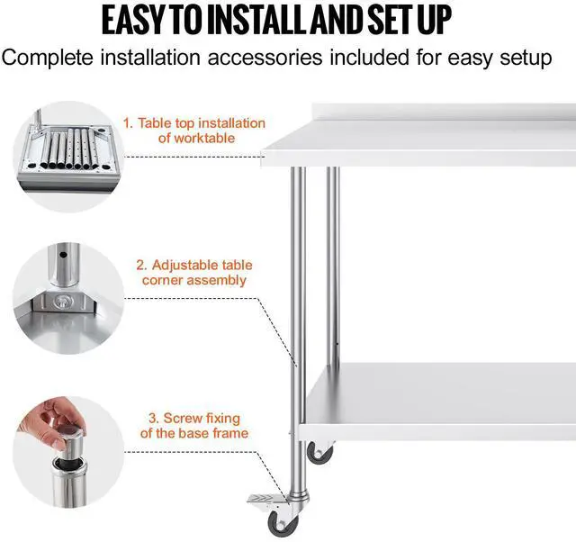 Alt view image 13 of 14 - VEVOR  24 x 60 x 40 Inch Stainless Steel Work Table, Commercial Food Prep Worktable with Casters, Heavy Duty Prep Worktable, Metal Work Table with Adjustable Height for Restaurant, Home and Hotel