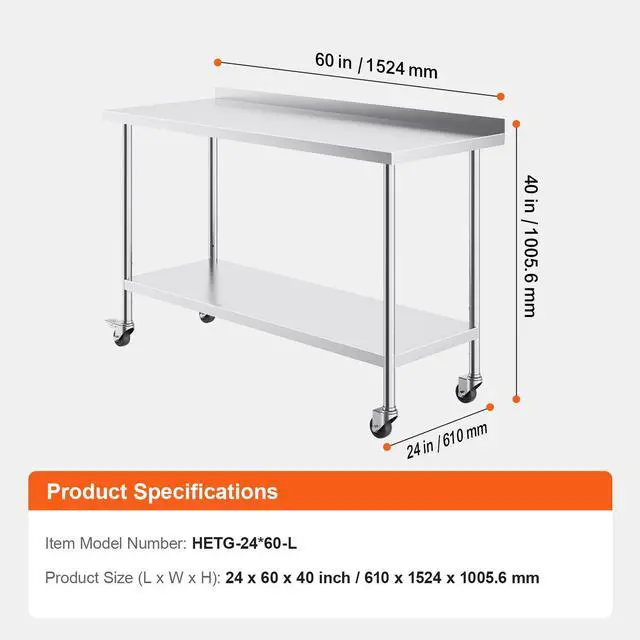 Alt view image 14 of 14 - VEVOR  24 x 60 x 40 Inch Stainless Steel Work Table, Commercial Food Prep Worktable with Casters, Heavy Duty Prep Worktable, Metal Work Table with Adjustable Height for Restaurant, Home and Hotel