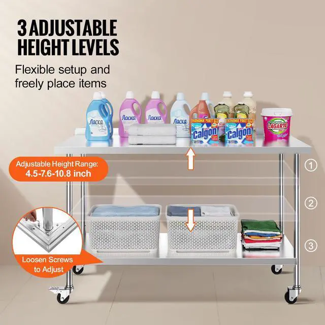 Alt view image 12 of 14 - VEVOR  24 x 60 x 40 Inch Stainless Steel Work Table, Commercial Food Prep Worktable with Casters, Heavy Duty Prep Worktable, Metal Work Table with Adjustable Height for Restaurant, Home and Hotel
