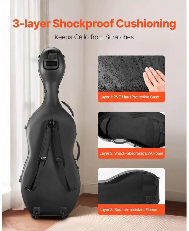 Alt view image 3 of 8 - VEVOR 4/4 Full Size Cello Case, Composite Carbon Fiber, Lightweight Portable Travel Carrying Bag, with Plush Lining, Dual Shoulder Straps, Anti-Scratch, Professional Cello-Shape, for Cello, Black