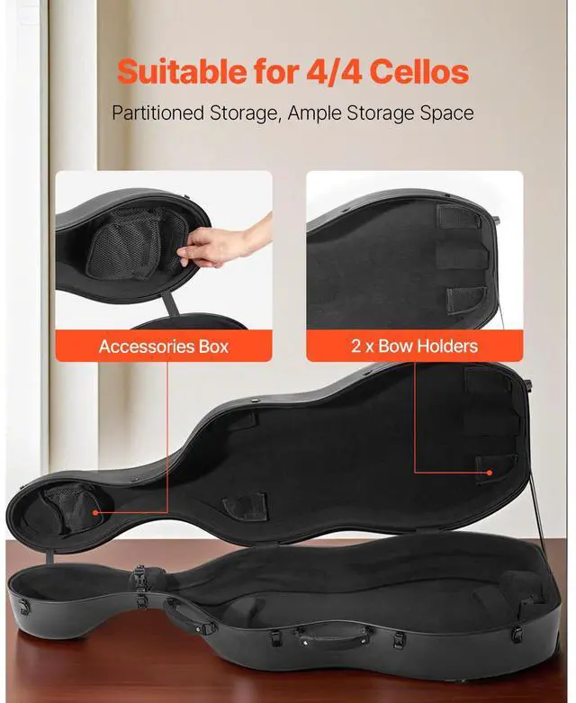 Alt view image 4 of 8 - VEVOR 4/4 Full Size Cello Case, Composite Carbon Fiber, Lightweight Portable Travel Carrying Bag, with Plush Lining, Dual Shoulder Straps, Anti-Scratch, Professional Cello-Shape, for Cello, Black