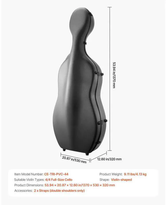 Alt view image 8 of 8 - VEVOR 4/4 Full Size Cello Case, Composite Carbon Fiber, Lightweight Portable Travel Carrying Bag, with Plush Lining, Dual Shoulder Straps, Anti-Scratch, Professional Cello-Shape, for Cello, Black