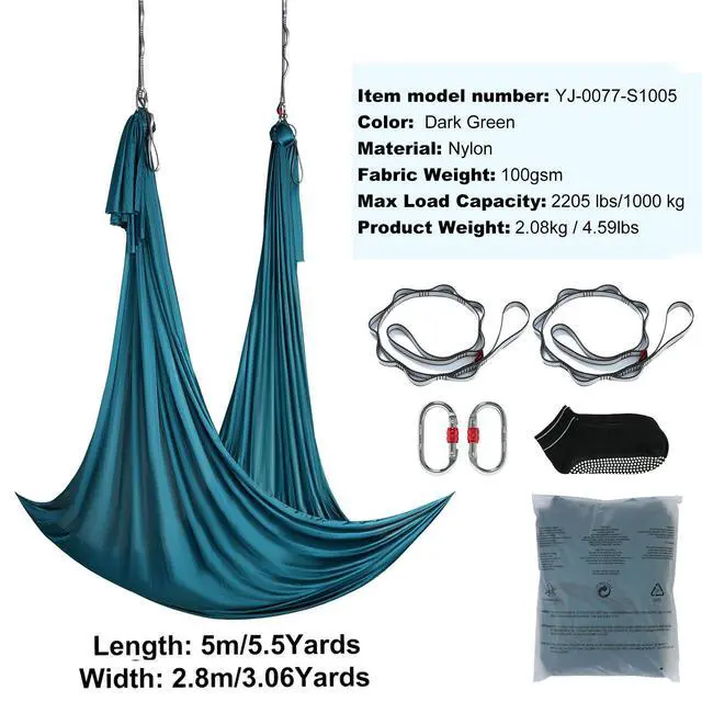 Alt view image 9 of 9 - VEVOR Aerial Yoga Hammock & Swing, 5.5 Yards, Aerial Yoga Starter Kit with 100gsm Nylon Fabric, Full Rigging Hardware & Easy Set-up Guide, Antigravity Flying for All Levels Fitness Bodybuilding, Green