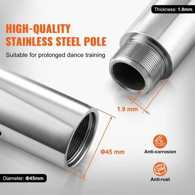 Alt view image 3 of 8 - VEVOR Professional Dancing Pole, Spinning Static Dancing Pole Kit, Portable Removable Pole, 45mm Heavy-Duty Stainless Steel Pole, Height Adjustable Fitness Pole, for Exercise Home Club Gym, Silver