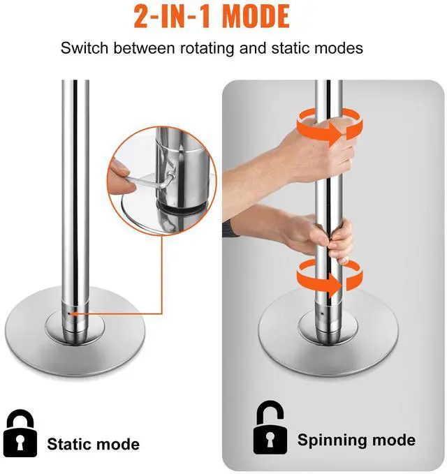 Alt view image 4 of 8 - VEVOR Professional Dancing Pole, Spinning Static Dancing Pole Kit, Portable Removable Pole, 45mm Heavy-Duty Stainless Steel Pole, Height Adjustable Fitness Pole, for Exercise Home Club Gym, Silver