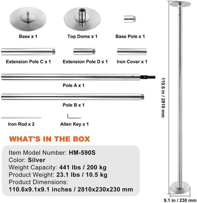 Alt view image 8 of 8 - VEVOR Professional Dancing Pole, Spinning Static Dancing Pole Kit, Portable Removable Pole, 45mm Heavy-Duty Stainless Steel Pole, Height Adjustable Fitness Pole, for Exercise Home Club Gym, Silver