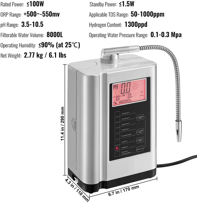 Alt view image 14 of 14 - VEVOR Alkaline Water Ionizer Machine, pH 3.5-10.5 Alkaline Acidic Hydrogen Water Purifier, 7 Water Settings Home Filtration System, Up to -650mV ORP, 8000L Per Filter, Auto-Cleaning, White