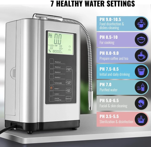 Alt view image 9 of 14 - VEVOR Alkaline Water Ionizer Machine, pH 3.5-10.5 Alkaline Acidic Hydrogen Water Purifier, 7 Water Settings Home Filtration System, Up to -650mV ORP, 8000L Per Filter, Auto-Cleaning, White