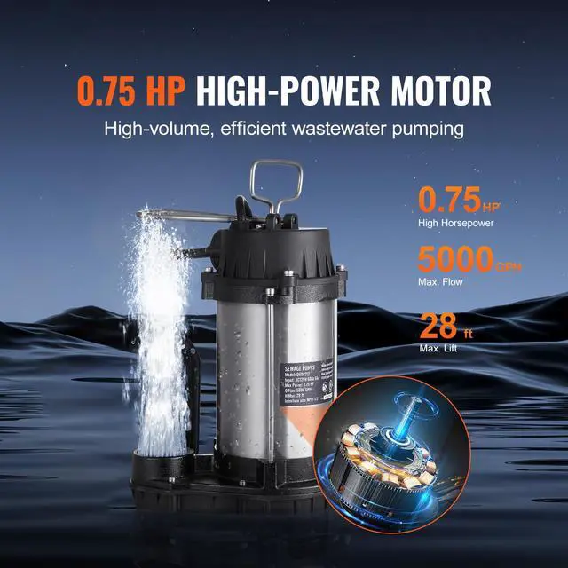 Alt view image 3 of 8 - VEVOR Submersible Sewage Pump Water Pump 0.75HP 5000GPH 28 ft Lift for Basement