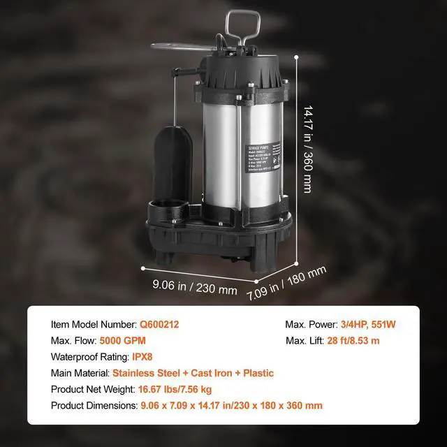 Alt view image 8 of 8 - VEVOR Submersible Sewage Pump Water Pump 0.75HP 5000GPH 28 ft Lift for Basement