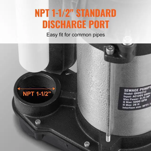 Alt view image 7 of 8 - VEVOR Submersible Sewage Pump Water Pump 0.75HP 5000GPH 28 ft Lift for Basement