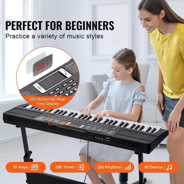 Alt view image 3 of 8 - VEVOR 61 Key Digital Keyboard Piano, 200 Tones 200 Rhythms, Electric Portable Piano Keyboard Kit with 60 Demo Songs Built-In Dual Speakers Headphones, Piano Stickers for Beginners Learning