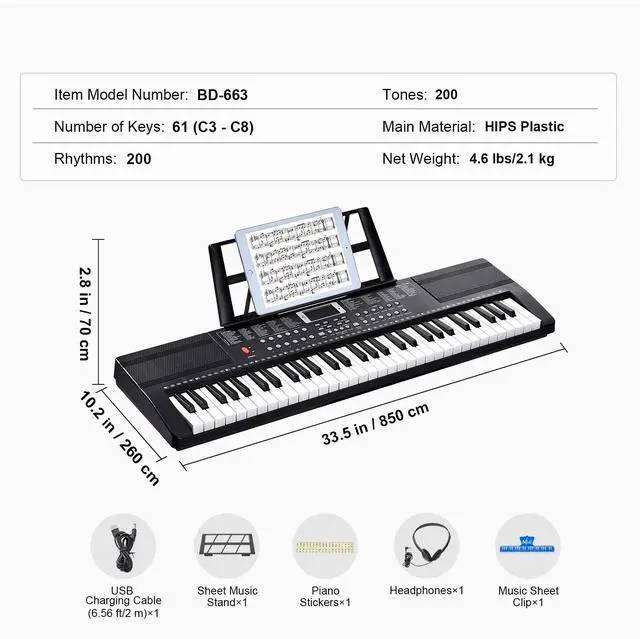 Alt view image 8 of 8 - VEVOR 61 Key Digital Keyboard Piano, 200 Tones 200 Rhythms, Electric Portable Piano Keyboard Kit with 60 Demo Songs Built-In Dual Speakers Headphones, Piano Stickers for Beginners Learning