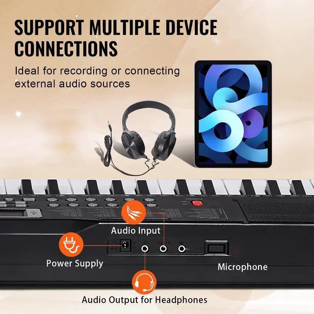 Alt view image 5 of 8 - VEVOR 61 Key Digital Keyboard Piano, 200 Tones 200 Rhythms, Electric Portable Piano Keyboard Kit with 60 Demo Songs Built-In Dual Speakers Headphones, Piano Stickers for Beginners Learning