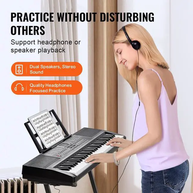 Alt view image 7 of 8 - VEVOR 61 Key Digital Keyboard Piano, 200 Tones 200 Rhythms, Electric Portable Piano Keyboard Kit with 60 Demo Songs Built-In Dual Speakers Headphones, Piano Stickers for Beginners Learning