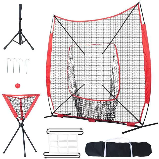 Alt view image 3 of 9 - VEVOR 7x7 ft Baseball Softball Practice Net, Portable Baseball Training Net for Hitting Catching Pitching, Backstop Baseball Equipment with Bow Frame, Carry Bag, Strike Zone, Ball, Tee, Ball Collector