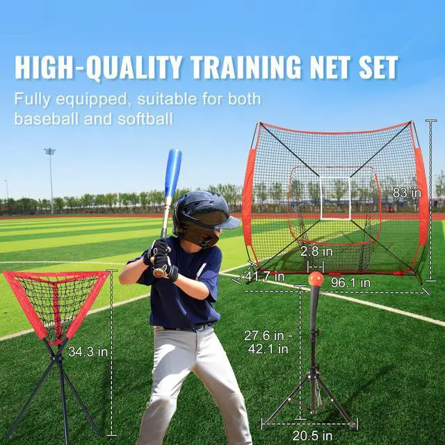 Alt view image 4 of 9 - VEVOR 7x7 ft Baseball Softball Practice Net, Portable Baseball Training Net for Hitting Catching Pitching, Backstop Baseball Equipment with Bow Frame, Carry Bag, Strike Zone, Ball, Tee, Ball Collector