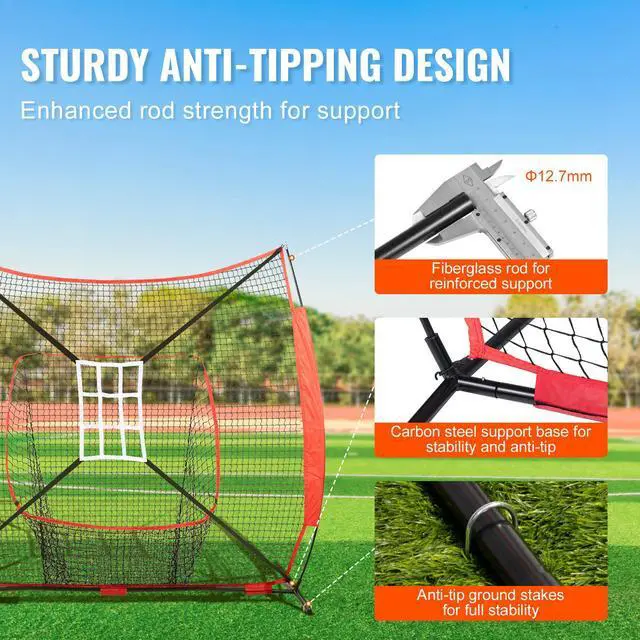 Alt view image 5 of 9 - VEVOR 7x7 ft Baseball Softball Practice Net, Portable Baseball Training Net for Hitting Catching Pitching, Backstop Baseball Equipment with Bow Frame, Carry Bag, Strike Zone, Ball, Tee, Ball Collector