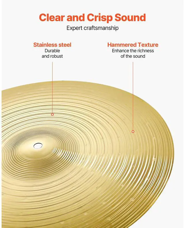 Alt view image 4 of 8 - VEVOR Cymbal Pack, 6 Pieces Cymbals for Drum Set, Alloy Cymbals Drum Set Includes 14-inch Hi-Hats, 16-inch Crash, 18-inch Crash, 20-inch Ride, 10-inch Splash, 16-inch China, Drumsticks & Cymbal Bag